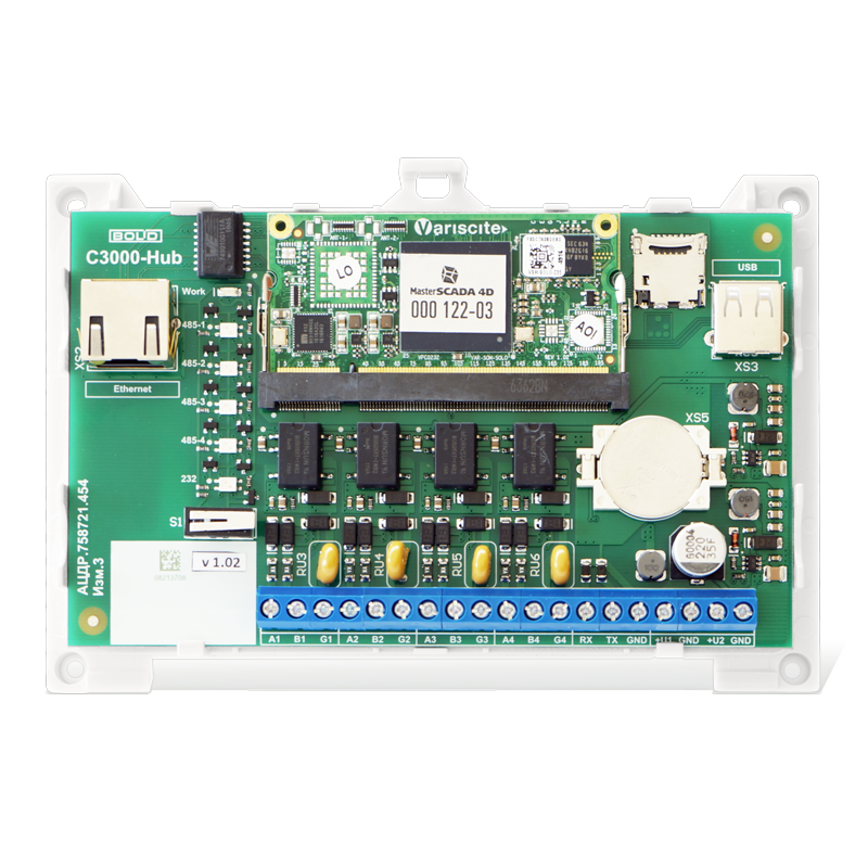 Контроллер программируемый логический (ПЛК) с встроенной программой "Инсат". Количество интерфейсов RS485 - 4, USB – 1, ETHERNET – 1. Питание от 10 до 28 В, мощность - 3 Вт. 