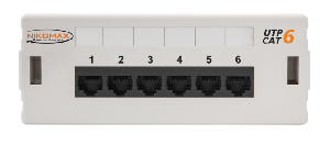 Коммутационная панель настенная, 6 портов, Кат.6 (Класс E), 250МГц, RJ45/8P8C, 110, T568A/B, неэкранированная, светло-серая