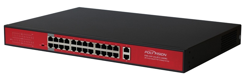 26-портовый PoE коммутатор с двумя гигабитными портами Uplink; 24*10/100Base-TX PoE port(Data/Power); 2*10/100/1000Base-TX uplink RJ45 port (Data); 1-24 порты с поддержкой PoE(первый порт с поддержкой HiPoE_60W); Полоса пропускания 16Гбит/с; MAX 300Вт (AC100-240В 50/60Гц); Встроенный БП AC100~240В 50-60Гц 1A; -10~+55°C; 5%~90% RH Без конденсата; 3кВ 8/20us, IP30