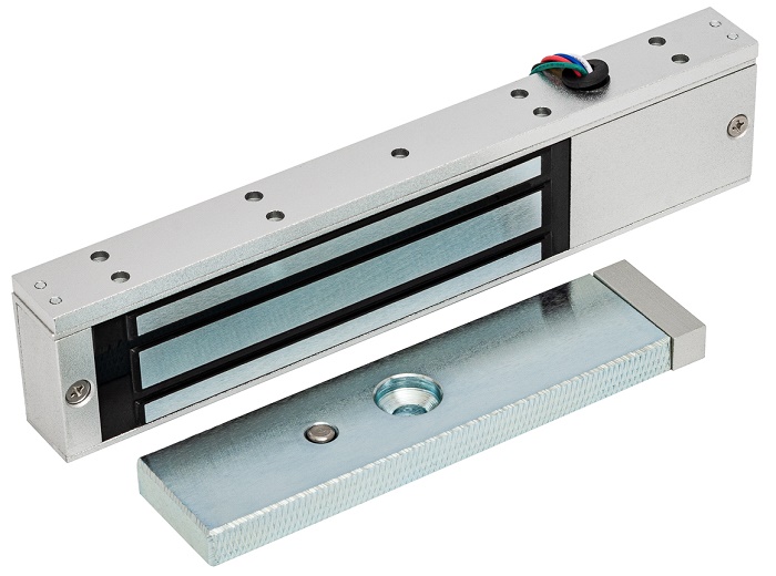 Электромагнитный замок, 12V/24V DC, 0,3 A, усилие 180 кг,  207x37x21 мм.  1130 г., офисный дизайн, планка в комплекте,  световая индикация, датчик Холла состояния замка (выход реле НО, НЗ), датчик положения двери (геркон). Темп.диапазон -40°С…+40°С