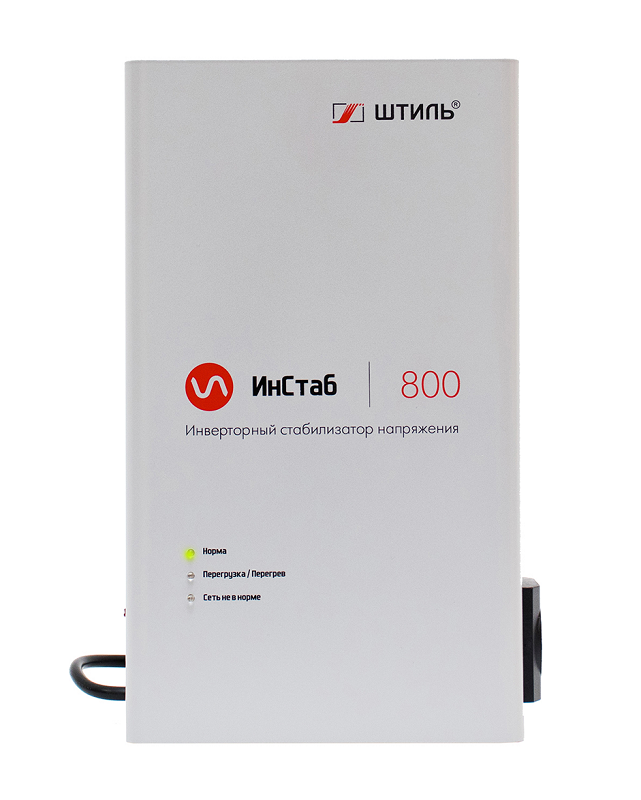 Стабилизатор переменного напряжения инверторный (с двойным преобразованием) однофазный, чистая синусоида; P-нагр.0.8/0.6 кВт, U-вх.90…310В, I-вых.3.6 А; IP20, t-раб.+5…+40°C, 187х300х78мм