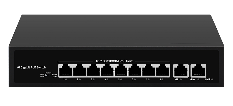 Коммутатор, неуправляемый, 8 PoE (802.3af/at) порта 10/100/1000Мбит/с, 7-8 порт до 250м cat6, 2 порта 1000Мбит/с Base-T, PoE Watchdog, VLAN, 120Вт