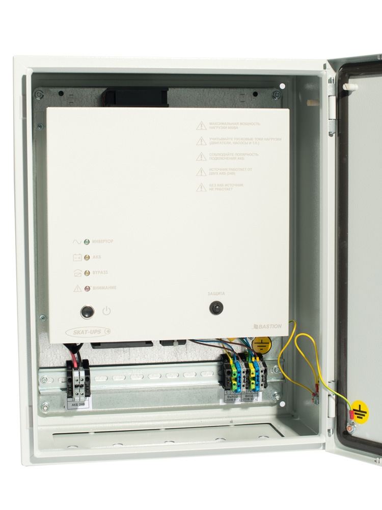 Источник бесперебойного питания 220В, 600ВА, On-Line, необходимое кол-во АКБ для работы – 2 шт., АКБ внешние, от 26 Ач. Ток заряда АКБ – 6А. Защита АКБ от глубокого разряда, IP 65