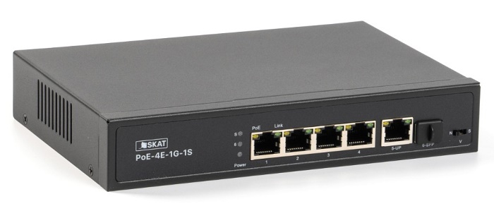 Коммутатор неуправляемый PoE Plus, мощность 80Вт, порты: 4-Ethernet, 1-Uplink, 1-SFP