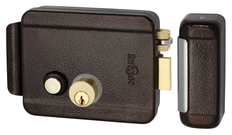 Эл-мех. накладной замок, коричневый, НЗ, универсальный DIN, цилинр снаружи и изнутри, кнопка изнутри (блокировка кнопки), питание 12VDC/1А, -40°+50°С, окрашенная сталь.