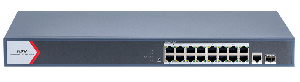 Коммутатор L2, Смарт-управляемый, 16 гигабитных портов RJ45 PoE, 1 uplink порт 1000М RJ45 1 гигабитный порт SFP, 802.3af/at, бюджет PoE 130 Вт, облачное управление, VLAN, STP/RSTP loop prefention, PoE watchdog, поддержка режима передачи до 300м,10Мб/с, CAT6; защита от перенапряжения 6 кВ; крепление в стойку