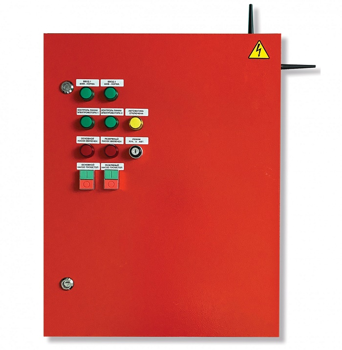 Шкаф управления электромоторами пожарных насосов систем внутреннего противопожарного водопровода радиоканальный для работы в составе радиосистемы Стрелец-ПРО, встроенный ретранслятор; f-раб.868 МГц, дальность связи до 2000 м (с радиорасширителями), U-пит.400 В, P-двиг.7.5 кВт, IP54, t-раб.-10…+50°С, 500х400х220 мм