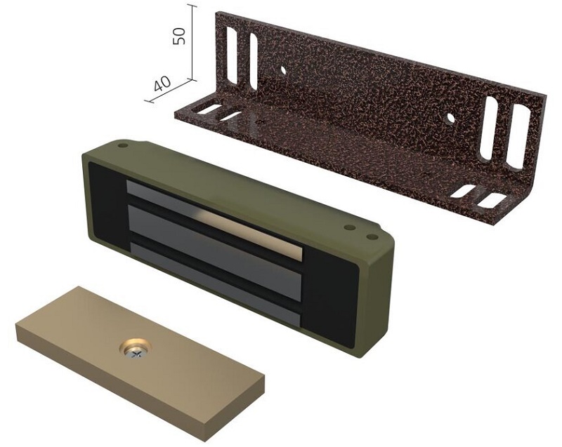 Замок электромагнитный (9-15VDC, 0,6А, 370кг), встроенный модуль перемагничивания, монтажный комплект, уголок 40х50мм., толщина уголка 4мм.