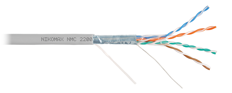 Кабель F/UTP 4 пары, Кат.5e (Класс D), тест по ISO/IEC, 100МГц, одножильный, BC (чистая медь), 24AWG (0,50мм), поливинилхлорид, внутренний, серый, 305м