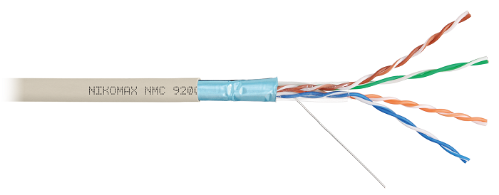 Кабель F/UTP 4 пары, Кат.5e (Класс D), тест по ISO/IEC, 100МГц, одножильный, BC (чистая медь), 24AWG (0,52мм), полимерный материал нг(А)-LSLTx, внутренний, светло-серый, 305м