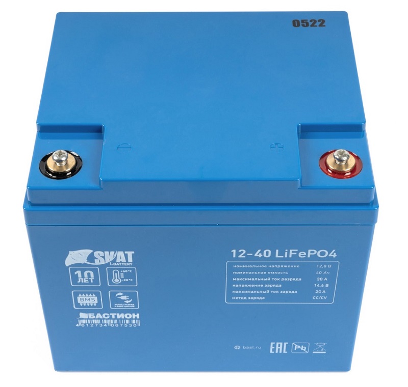 Аккумуляторная батарея 12 В, 40 Ач Li-Ion АКБ, на базе LiFePO4 элементов IFR 32650, структура 4S7P. Встроенная система контроля BMS, защита от глубокого разряда и перезаряда. 196*166*176. Вес 5,4 кг.
