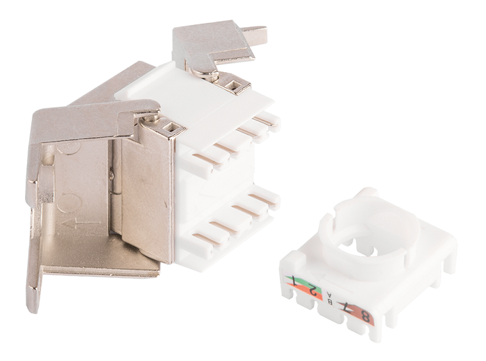 Модуль-вставка типа Keystone Essential Line, Кат.5е (Класс D), 100МГц, RJ45/8P8C, самозажимной, T568A/B, 180 градусов, полный экран, металлик