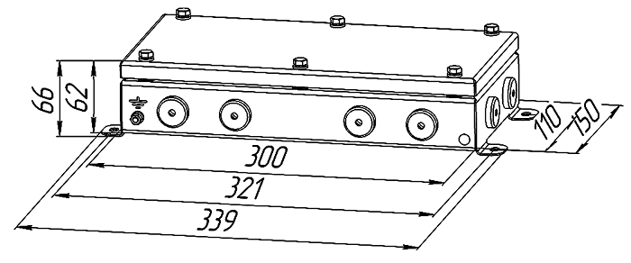 Коробка монтажная общепромышленные, оцинкованная сталь 1,2мм, IP66, 150х300х62 мм, 12 вводов, диаметр присоединяемого кабеля: М20 (8-13), (Р) - резиновый ввод