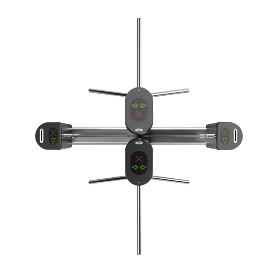 Турникет двусторонний со стеклом, 2 тумбы с индикацией режима прохода, 2 стекла, формирующие зону прохода, 2 шт T01 - корпус из шлифованной нерж. стали; планки из шлифованной нерж.стали; светодиодное табло; пульт д/у; электропривод планок (автоматич. функция «Антипаника»)