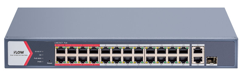 Коммутатор L2, Смарт-управляемый, 24 порта 10/100M RJ45 PoE, 1 uplink порт 1000М RJ45 1 гигабитный комбо-порт, 802.3af/at, бюджет мощности PoE 230 Вт, поддержка режима передачи до 300м,10Мб/с, CAT6; защита от перенапряжения 6 кВ; Поддержка унифицированного управления топологией, облачное управление, монтаж в стойку