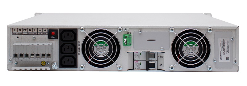 Источник бесперебойного питания в стойку, on-line (с двойным преобразованием), чистая синусоида, 10000 ВA (8000 Вт); U-вх.220 В; под внешние аккумуляторы, U-акб.192 В, I-заряд.1…4 А; ЖК-дисплей; выходные разъёмы - IEC-320-C13 (3 шт.), клеммное подключение (L, N, PE); холодный старт, совместим с генератором; высота 2U; IP20, t-раб.+5...+40°C, 89х483х549 мм