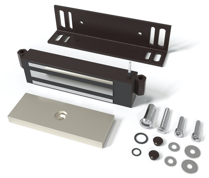 Замок электромагнитный для стальных дверей со стальной рамой, 9-15VDC, 7,2 Вт, усилие удержания 250кг, встроенный модуль перемагничивания, монтажный комплект, угольник 40х50х4мм. Корпус из стали. Цвета: коричневый шоколад