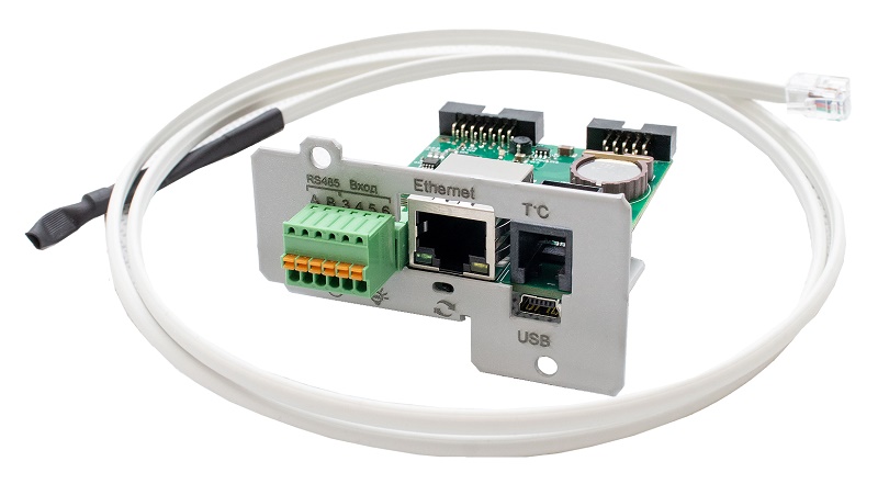 Плата расширения интерфейсов для локального или удаленного мониторинга, настройки и тестирования оборудования «Штиль»: стабилизаторов переменного напряжения «Штиль» серии ИнСтаб мощностью 6-20 кВА; однофазных ИБП «Штиль» серий ST, SR, SW, STR мощностью 1-10 кВА. Интерфейсы: mini-USB; Ethernet (TCP/IP-адаптер); «сухие контакты»; RS-485; 4P4C для датчика t,°C Штиль» TS-1 (датчик входит в комплект поставки); поддерживаемые протоколы Web/ SNMP/ NTP/ Modbus TCP/ SMTP/ HID/ Штиль; габ.размеры 40х68х65 мм