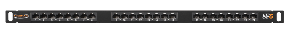 Коммутационная панель 19", 0,5U, 24 порта, Кат.6 (Класс E), 250МГц, RJ45/8P8C, 110/KRONE, T568A/B, неэкранированная, с органайзером, черная