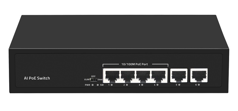 Неуправляемый коммутатор, 4 RJ-45 POE порта (10/100 Мбит/с), 2 RJ-45 Uplink порта (10/100 Мбит/с), бюджет на порт до 30 Вт, общий бюджет до 65 Вт.