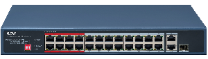 Коммутатор, L2, неуправляемый, 24 порта 10/100M RJ45 PoE, 1 uplink порт 1000М RJ45, 1 uplink комбо-порт 1000М, 802.3af/at, бюджет питания PoE 230 Вт, порты 17-24 поддерживают режим передачи до 300м,10Мб/с, CAT6; защита от перенапряжения 6 кВ