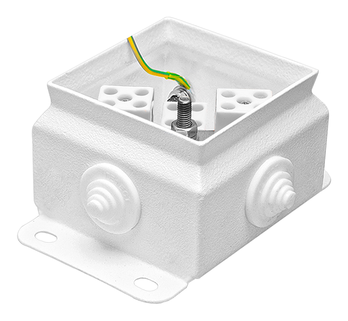 Коробка монтажная огнестойкая IP55, 4 ввода, фарфоровый клеммник 8 контактов, до 3 мм кв., 86х86х62 мм, Сталь оцинкованная 1,2 мм с полимерным покрытием (белый)