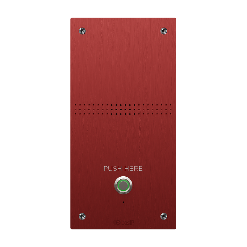 Специализированная вызывная аудио-панель. Врезной монтаж. IP65.  -40 до +70 °C. Питание PoE 802.3af  и +12В. кнопка выхода, датчик двери. Встроенное реле для управления замком. 95×190×27мм. Цвет - красный.