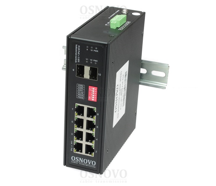 Промышленный HiPoE коммутатор Gigabit Ethernet на 8GE PoE + 2 GE SFP порта. Порты: 1 x GE (10/100/1000Base-T) с PoE BT (до 90W) + 7 x GE (10/100/1000Base-T) с PoE (до 30W) + 2 x GE SFP (1000Base-X). 
