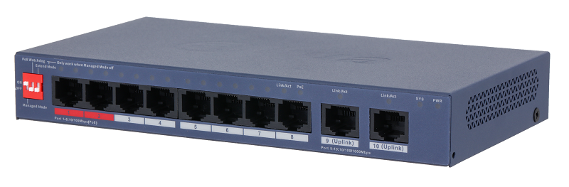 8-портовый PoE коммутатор с функцией облачного управления, Порты: 8 RJ45 10/100Мбит/с (PoE/PoE+/Hi-PoE/IEEE 802.3bt), 2 RJ45 10/100/1000Мбит/с (uplink); мощность PoE: порты 1~2 до 90Вт, порты 3~8 до 30Вт, суммарно до 110Вт; PoE watchdog, передача до 250м; питание: 54В(DC)