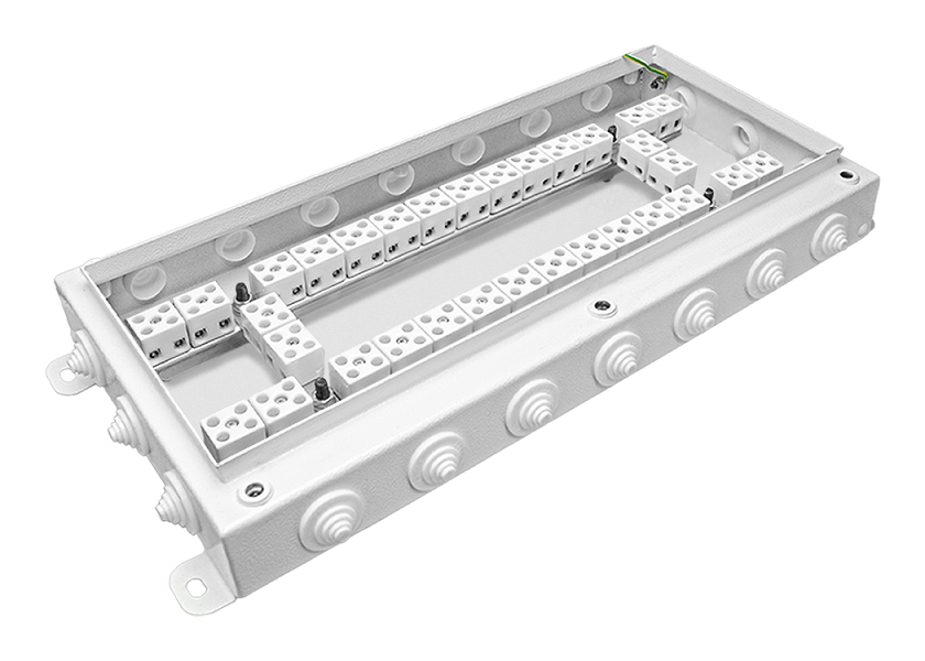 Коробка монтажная огнестойкая IP55, 20 вводов,&nbsp;&nbsp;фарфоровый клеммник 64 контакта, до - 3 мм кв., 200х400х60 мм, Сталь оцинкованная 1,2 мм с полимерным покрытием (белый)