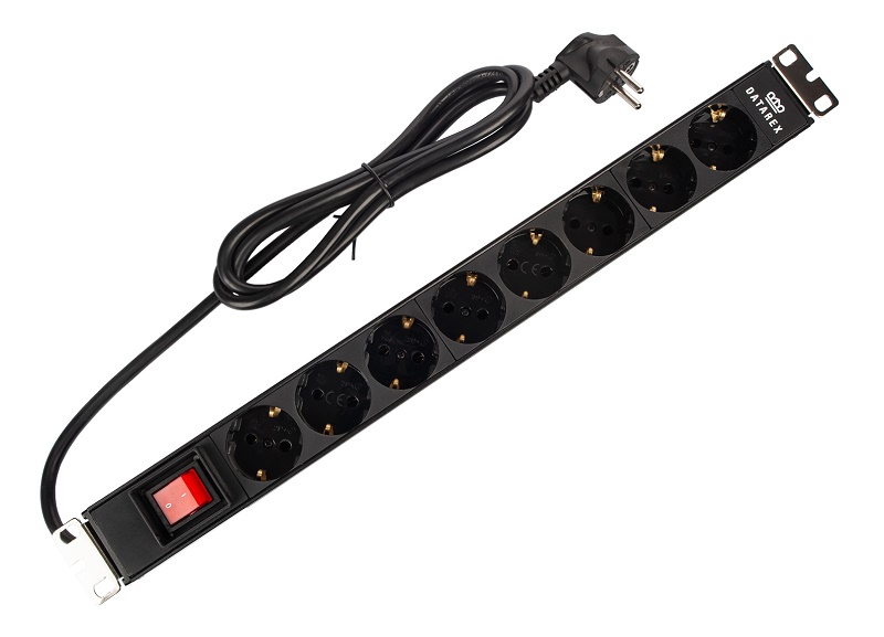 Блок распределения 19" (PDU) с выключателем на 16А, 8 разъемов SHUKO, шнур питания 1,8 м, черный