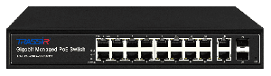 Управляемый коммутатор с 16 PoE портами (10/100/1000 Мбит/с Base-TX PoE port) и 2 SFP портами и 2 RJ-45 Uplink ports, стандарты PoE EEE802.3af, EEE802.3at, EEE802.3bt максимальная мощность на порт 60Вт, общая - 300 Вт. Максимальная потребляемая мощность 300 Вт. Молниезащита, IP30. -20...+55ºС. 295x195x45.