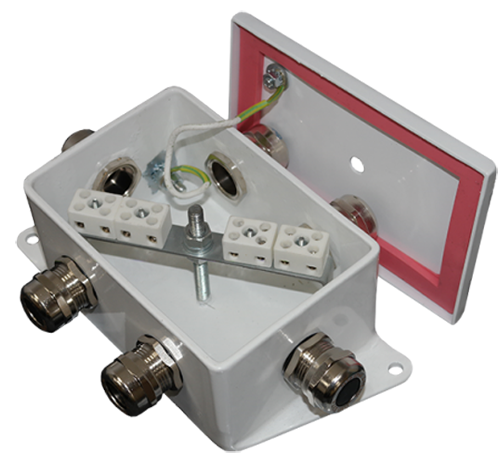 Коробка монтажная огнестойкая стальная IP66, шесть вводов, фарфоровый клеммник 12 контактов, 120х80х62 мм