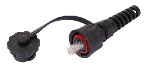 Индустриальный коннектор RJ45/8P8C, Кат.6 (Класс E), 250МГц, покрытие 50мкд, неэкранированный, IP67, для одножильной витой пары,  с защитной крышкой, черный