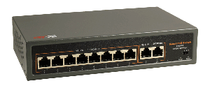 Коммутатор 8xPoE (802.3at/af) 10/100Мб + 2хUplink 10/100/1000Мб, бюджет до 120Вт (PoE до 30Вт, 200м, End-Span 1(2)+/ 3(6)-), грозозащита 4кВ