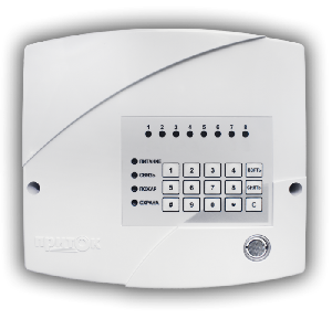 ППКОП, работа с ретрансляторами Приток-А, Приток-А-Ф, Приток-А-Ю, 8 программируемых шлейфов (ОС, ПС, ТС), 8 разделов, встроенная клавиатура, считыватель ТМ, подключение внешней клавиатуры, 2 силовых выхода, 2 силовых выхода с контролем исправности линии, аккумулятор 2,2 А*ч.