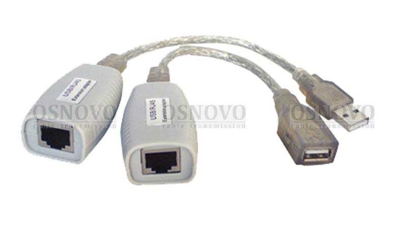 Удлинитель USB интерфейса. Расстояние передачи по кабелю витой пары (CAT5/5e/6)  до 100м. Интерфейс USB 1.1. Комплект (приёмник + передатчик). Разъемы:RJ-45 (для подключения витой пары), USB А (для подключения  устройств)