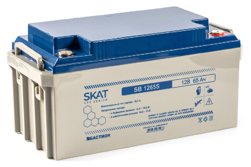 Свинцово-кислотный аккумулятор 65А/ч, 12В, 348х168х178мм. Вес 21 кг. Срок службы 12 лет.