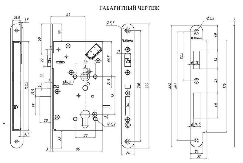 Электромеханический замок, режимы НО или НЗ, выход ригеля 20мм, бэксет 65мм, встроенные датчики положения (ручки, ригеля, цилиндра, язычка) 12В/24В, -10...+40 °C, IP54 , корпус 235х24х98мм, ответная планка в комплекте.