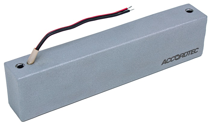 Электромагнитный влагозащищенный замок IP67, 12V DC, 0,47 A, усилие 300 кг, 222x52x34 мм. 3250 г., уголок в комплекте. -40°С…+40°С, Цвет еребряный металлик