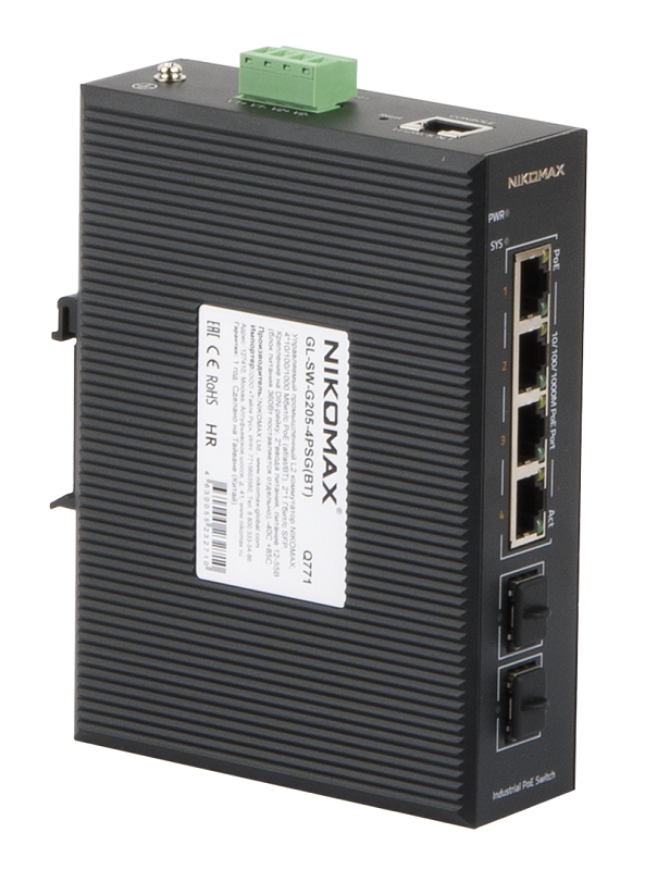 Управляемый промышленный L2 коммутатор 4*10/100/1000Мбит/с PoE (af/at/BT), 2*1Гбит/с SFP, Крепление на DIN-рейку, 2*ввода питания, питание 12-55В (блок питания 360Вт поставляется отдельно), -40С +85С.