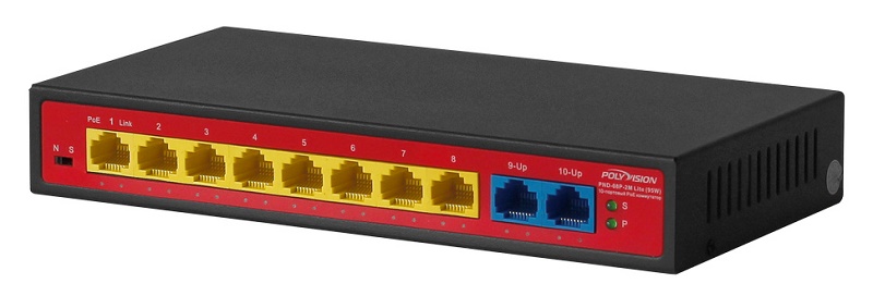 10-портовый неуправляемый коммутатор с функцией PoE; 8*10/100Base-TX PoE port(Data/Power); 2*10/100Base-TX uplink RJ45 port (Data); 1-8 port PoE; Полоса пропускания 2Гбит/с; MAX 95Вт (AC100-240В 50/60Гц); Встроенный БП AC100~240В 50-60Гц 1.2A; -10~+55°C; 5%~90% RH Без конденсата; IP30