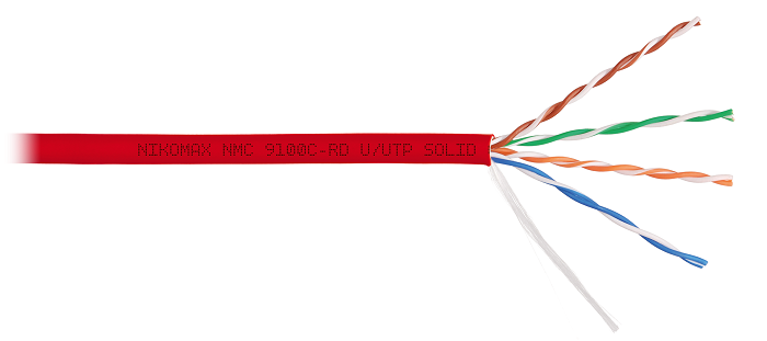 Кабель U/UTP 4 пары, Кат.5e (Класс D), тест по ISO/IEC, 100МГц, одножильный, BC (чистая медь), 24AWG (0,52мм), полимерный материал нг(А)-HF, внутренний, красный, 305м