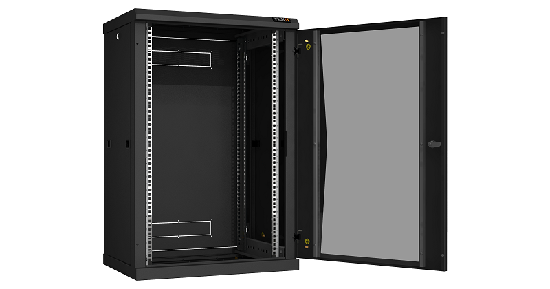 Настенный разборный шкаф TLK 19", 18U, стеклянная дверь, Ш600хВ904хГ450мм, 2 пары монтажных направляющих, черный