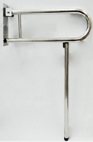 Поручень предназначен для опоры при вставании людей с ограниченными возможностями. Откидной, имеет U-образную форму со складной опорой в пол, для полной безопасности. Изготовлен из нержавеющей стали марки AISI304, диаметр трубы 32 мм, толщина стали 1,5 мм, габариты 900х750 мм. Площадка поручня крепится к стене 6 точками.