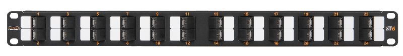 Коммутационная панель 19", 1U, 24 угловых порта, Кат.6 (Класс E), 250МГц, RJ45/8P8C, 110/KRONE, T568A/B, неэкранированная, с органайзером, черная