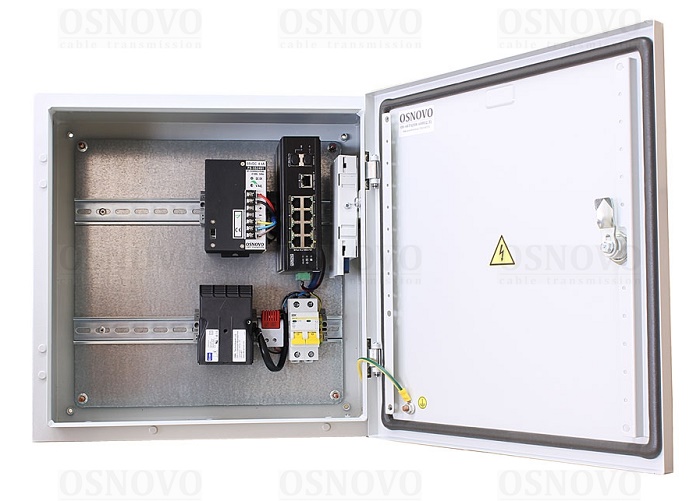Уличный коммутатор с термостабилизацией на базе уличной станции OSNOVO OS-44T1. Порты: 6 x FE (10/100Base-T) с PoE (до 30W) + 2 x FE (10/100Base-T) с PoE (до 60W) + 1 x GE (10/100/1000Base-T) + 2 x GE SFP (1000Base-X). Суммарный бюджет PoE до 240W.