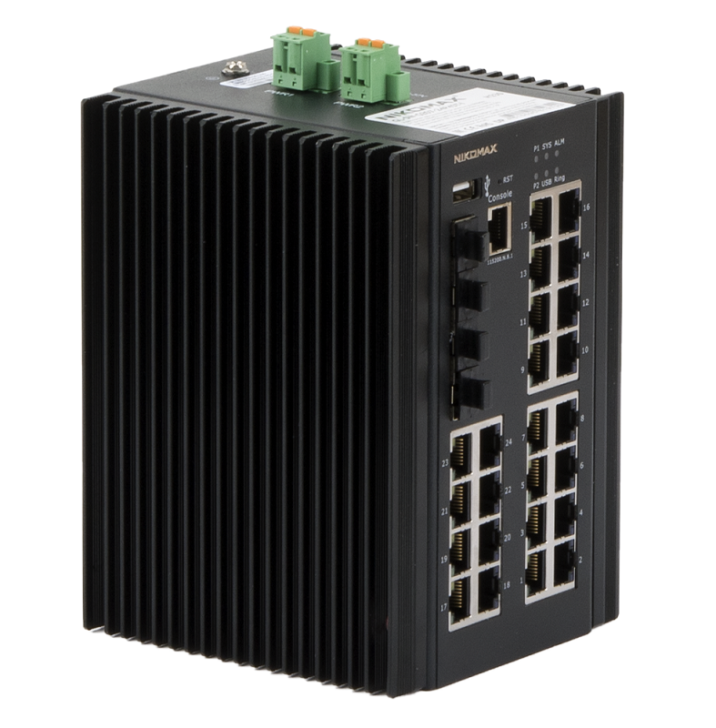 Управляемый промышленный L3 коммутатор 24*10/100/1000Мбит/с PoE (af/at), 4*1/2.5/10Гбит/с SFP+, Крепление на DIN-рейку, 2*ввода питания, питание 44-57В (блок питания 370Вт поставляется отдельно), -40С +70С.