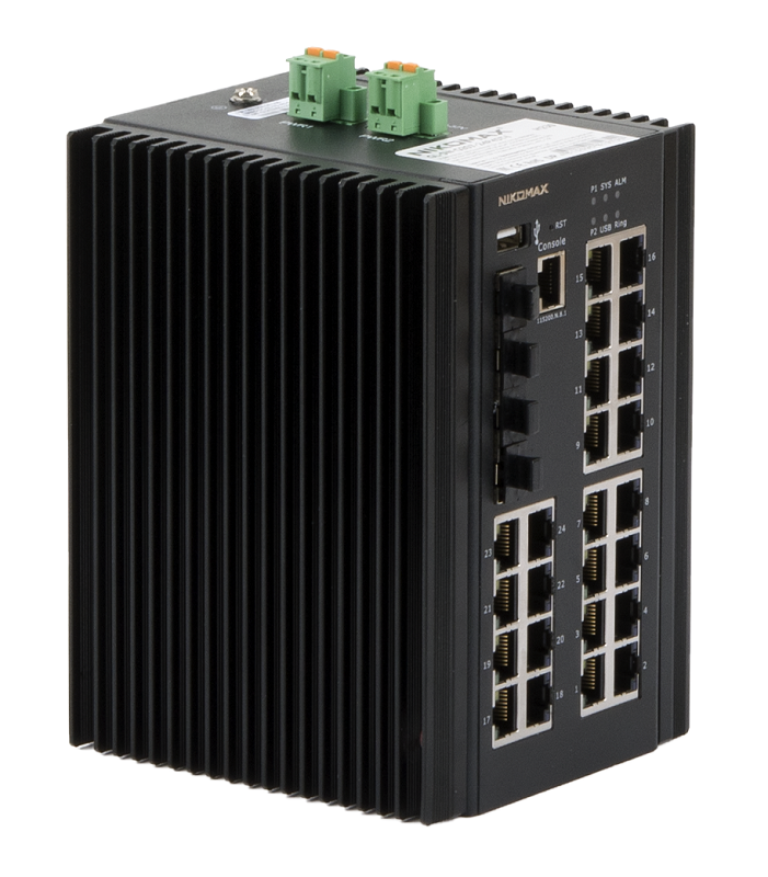 Управляемый промышленный L2+ коммутатор 24*10/100/1000Мбит/с PoE (af/at/BT) из которых 4 порта PoE BT, 4*1/2.5/10Гбит/с SFP+, Крепление на DIN-рейку, 2*ввода питания, питание 44-57В (блок питания 370Вт поставляется отдельно), -40С +80С.