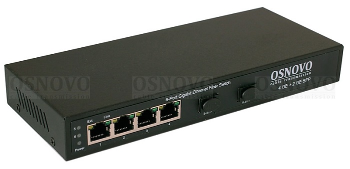 Коммутатор Gigabit Ethernet на 4 RJ45 + 2 SFP. Порты: 4 x GE (10/100/1000Base-T), 2 x GE SFP (1000Base-FX). В комплекте БП DC12V(1A). Встроенная грозозащита 3кВ. Возможно крепление на стену. 210x28x85мм. -10…+55°С.